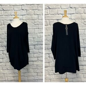 New Angela Mara Italy Oversize Tunic Top Black Scoop Neck Back Zip Pockets SZ S